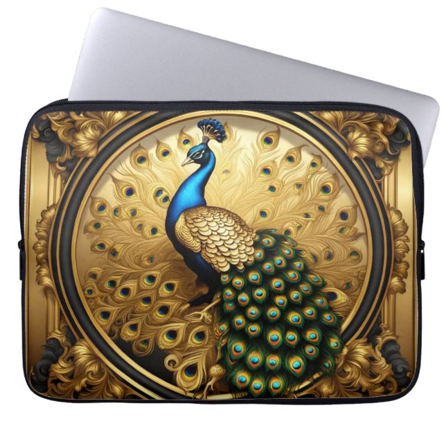 Peacock goud en zwart sierlijst laptop sleeve (Voorkant)