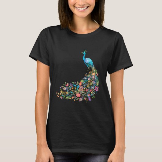 Peacock Graphic Blue Teal Floral Tail Feathers Bir T-shirt (Voorkant)