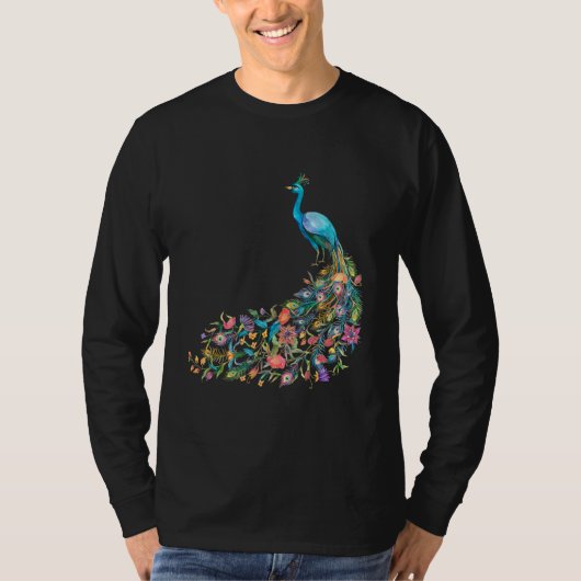 Peacock Graphic Blue Teal Floral Tail Feathers Bir T-shirt (Voorkant)
