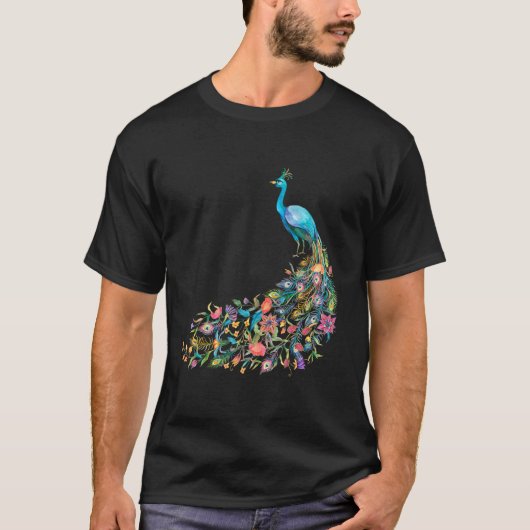 Peacock Graphic Blue Teal Floral Tail Feathers Bir T-shirt (Voorkant)