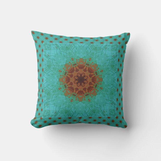 Peacock Green en Rust Graphic Floral Mandala Buitenkussen (Voorkant)