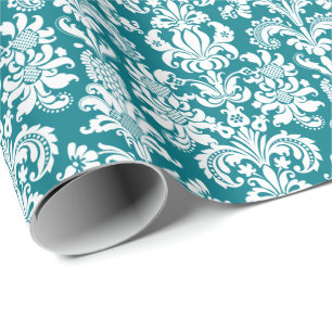 Peacock Green Floral Damascus White Achtergrond Cadeaupapier