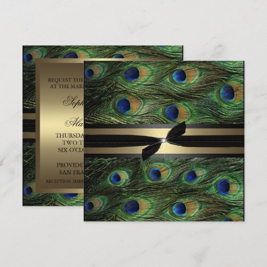 Peacock Green & Gold Wedding Invitation Kaart (Voorkant / Achterkant)