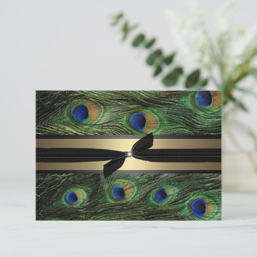 Peacock Green & Gold Wedding RSVP Kaartje (Staand voorkant)