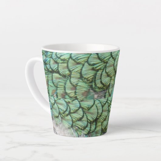 Peacock Green Grey Feathers Latte Mok (Linkerhoek)