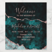 Peacock Green & Roos Gold Agaat Bruiloft Welkom Wijn Etiket (Enkel label)