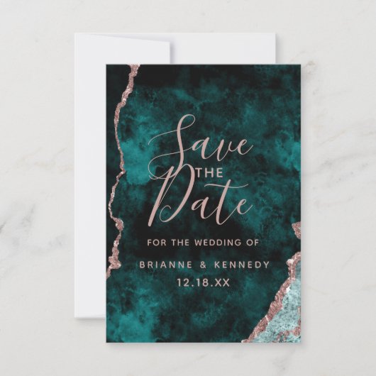 Peacock Green Roos Gold Agate Marble Foto op Terug Save The Date (Voorkant)