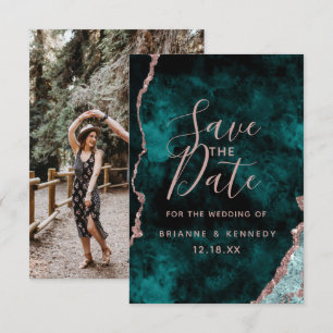 Peacock Green Roos Gold Agate Marble Foto op Terug Save The Date
