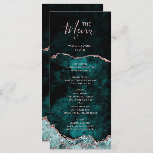 Peacock Green Roos Gold Agate Marble Wedding Menu (Voorkant / Achterkant)