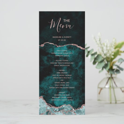 Peacock Green Roos Gold Agate Marble Wedding Menu (Staand voorkant)