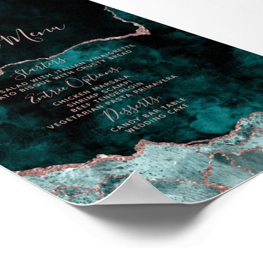Peacock Green Roos Gold Agate Marble Wedding Menu Poster (Hoek)