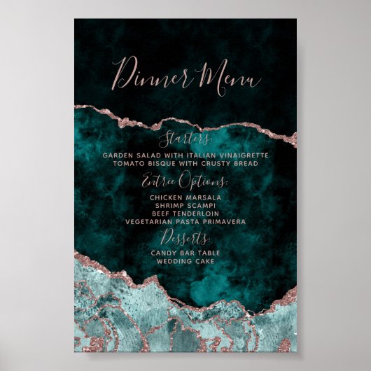 Peacock Green Roos Gold Agate Marble Wedding Menu Poster (Voorkant)