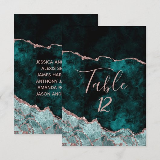 Peacock Green & Roos Gold Table Number Seating Num Kaart (Voorkant / Achterkant)