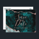 Peacock Green Rose Gold Agate Marble Save the Date Aankondigingskaart<br><div class="desc">Peacock Green & Roos Gold Foil Waterverf Marble Agate Gilded Geode Design,  met moderne en scriptlettertypen. Trendy en chique bruiloft Save the Date Briefkaarten! ~ Bekijk mijn winkel om de hele trouwsuite voor dit ontwerp te zien!</div>