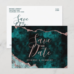 Peacock Green Rose Gold Agate Marble Save the Date Aankondigingskaart