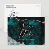 Peacock Green Rose Gold Agate Marble Save the Date Aankondigingskaart (Voorkant / Achterkant)