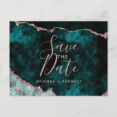 Peacock Green Rose Gold Agate Marble Save the Date Aankondigingskaart (Voorkant)