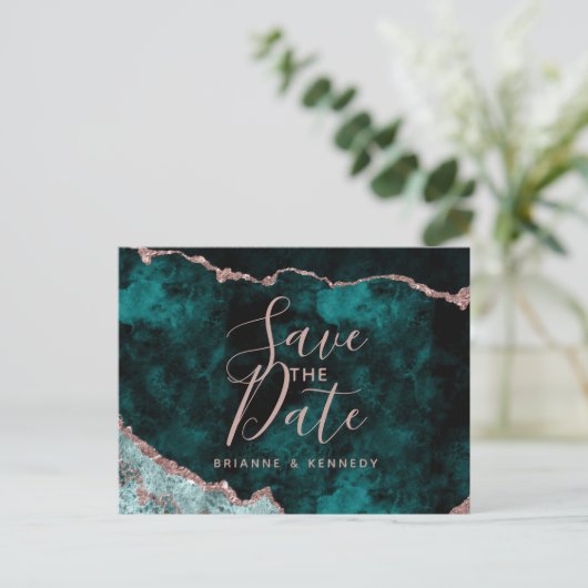Peacock Green Rose Gold Agate Marble Save the Date Aankondigingskaart (Staand voorkant)