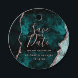 Peacock Green Rose Gold Agate Marble Save the Date Bedankjes Labels<br><div class="desc">Peacock Green & Roos Gouden Folie Waterverf Marmer Agaat Verguld Geode Design,  met Modern en Script lettertypen. Trendy en chique bruiloft Save the Date Favor Tags! ~ Controleer mijn winkel om de volledige bruidssuite voor dit ontwerp te zien!</div>