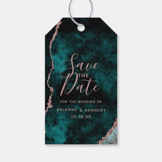 Peacock Green Rose Gold Agate Marble Save the Date Cadeaulabel (Voorkant)