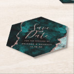 Peacock Green Rose Gold Agate Marble Save the Date Kartonnen Onderzetters<br><div class="desc">Peacock Green & Roos Gold Foil Waterverf Marble Agate Gilded Geode Design,  met moderne en scriptlettertypen. Trendy en chique bruiloft Save the Date Onderzetters! ~ Bekijk mijn winkel om de hele trouwsuite voor dit ontwerp te zien!</div>