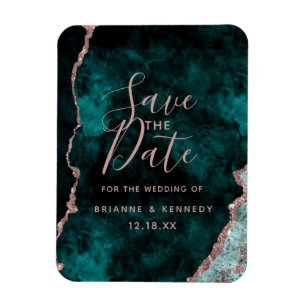 Peacock Green Rose Gold Agate Marble Save the Date Magneet