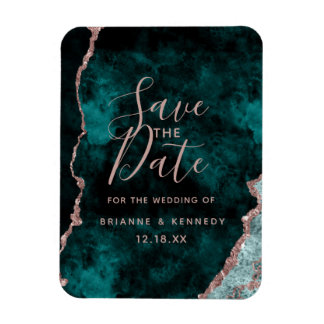 Peacock Green Rose Gold Agate Marble Save the Date Magneet