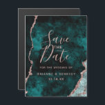 Peacock Green Rose Gold Agate Marble Save the Date Magnetische Uitnodiging<br><div class="desc">Peacock Green & Rose Gold Foil Watercolor Marble Agate Gilded Geode Design,  met Modern and Script Funts. Trendy en Chic Wedding Save the Date Magnetic Cards ~ Check my shop to see the entire wedding suite for this design</div>