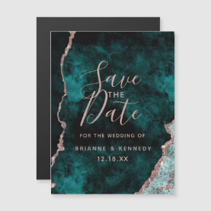 Peacock Green Rose Gold Agate Marble Save the Date Magnetische Uitnodiging