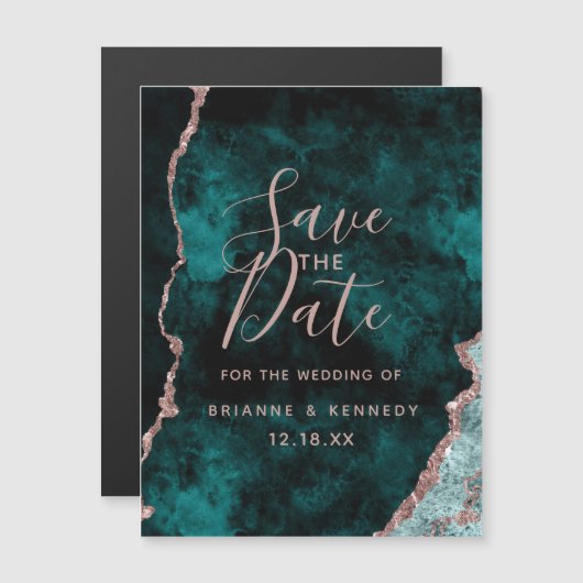Peacock Green Rose Gold Agate Marble Save the Date Magnetische Uitnodiging (Voorkant / Achterkant)