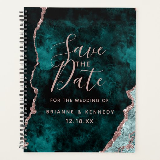Peacock Green Rose Gold Agate Marble Save the Date Planner (Voorkant)