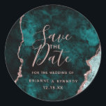 Peacock Green Rose Gold Agate Marble Save the Date Ronde Sticker<br><div class="desc">Peacock Green & Roos Gouden Folie Waterverf Marmer Agaat Verguld Geode Design,  met Modern en Script lettertypen. Trendy en chique bruiloft Bewaar de Datum Ronde Stickers! ~ Controleer mijn winkel om de volledige bruidssuite voor dit ontwerp te zien!</div>