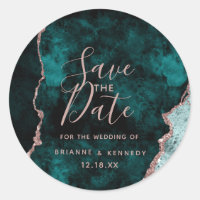 Peacock Green Rose Gold Agate Marble Save the Date
