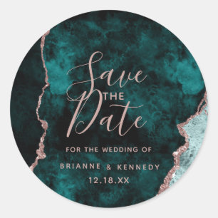 Peacock Green Rose Gold Agate Marble Save the Date Ronde Sticker