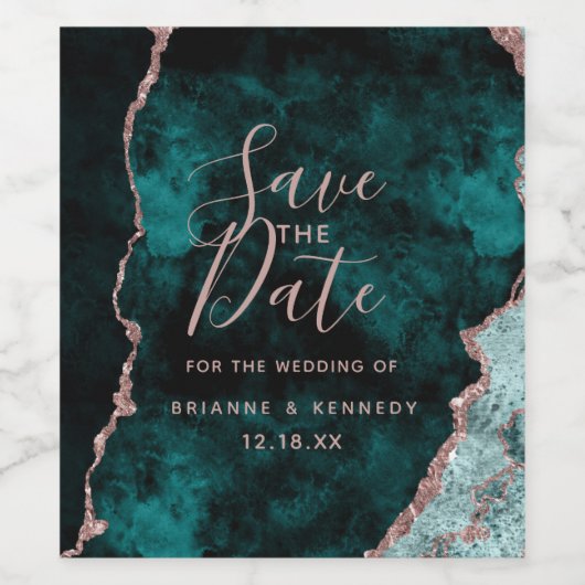 Peacock Green Rose Gold Agate Marble Save the Date Wijn Etiket (Enkel label)