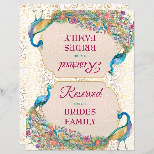 Peacock Hindu bruiloft gereserveerd teken (Voorkant / Achterkant)