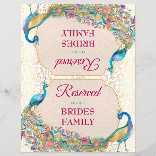 Peacock Hindu bruiloft gereserveerd teken (Voorkant)