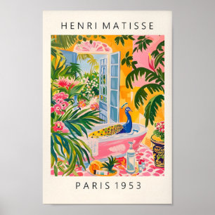 Peacock in bad Art Print, roze Maximalist Deco Poster
