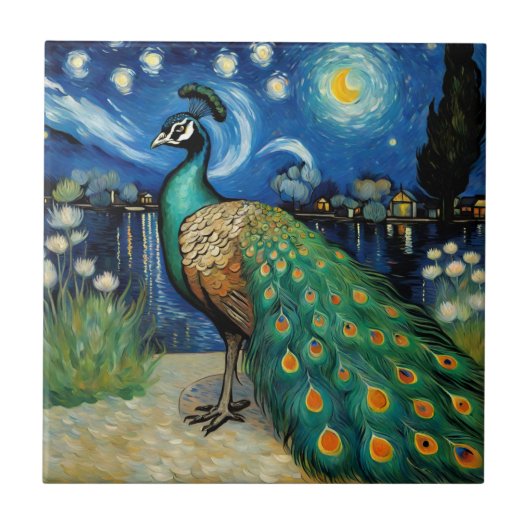 Peacock in de Sterrennacht van Van Gogh Tegeltje (Voorkant)