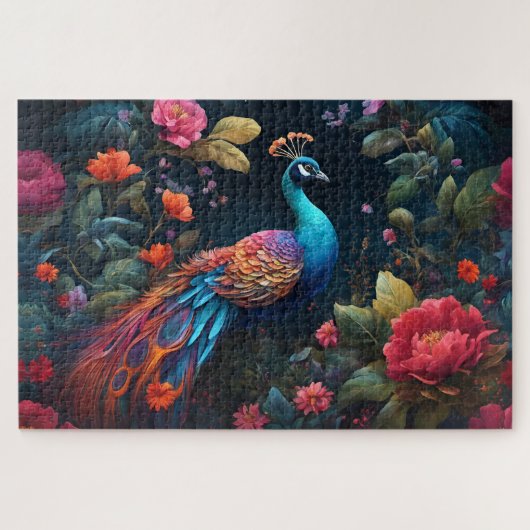 Peacock in een kleurrijke Rozen tuin Legpuzzel (Horizontaal)