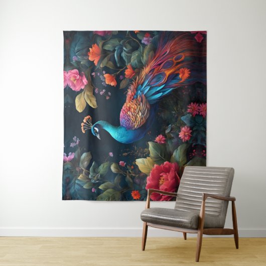 Peacock in een kleurrijke Rozen tuin Wandkleed (In situ)