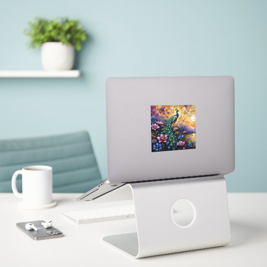 Peacock in Floral Landscape Sticker (Laptop op bureau)