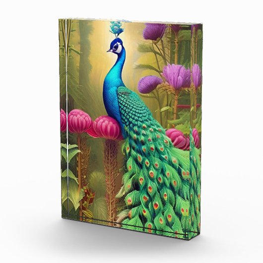 Peacock in het roze tuinbos fotoblokken (Rechts)