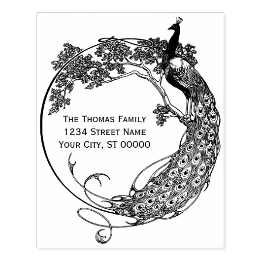 Peacock in ronde Lijst Art Nouveau Naam Adres Rubberstempel (Afrduk)