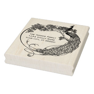 Peacock in ronde Lijst Art Nouveau Naam Adres Rubberstempel