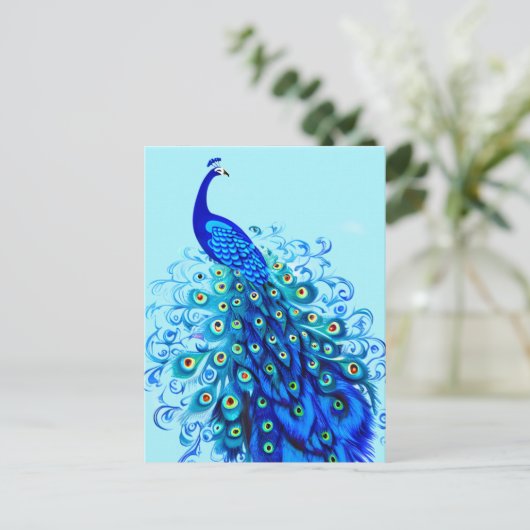Peacock in Turquoise, Cobalt Blue en Aqua Briefkaart (Staand voorkant)