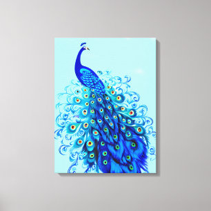 Peacock in Turquoise en Cobalt Blue Canvas Afdruk