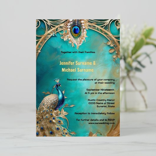 Peacock indiaanse bruiloft luxe chique lijst folie uitnodiging (Staand Voorkant)