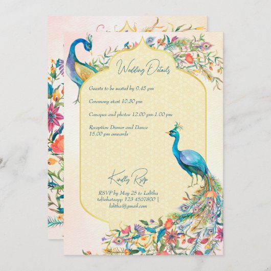 Peacock Indian Hindu bruiloft nodigt details uit R Kaart (Voorkant / Achterkant)