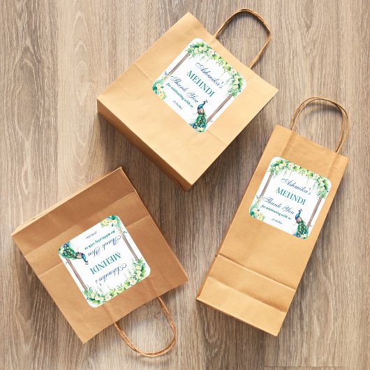 Peacock jasmijn bloeit boog Indiase bruiloft mehnd Vierkante Sticker